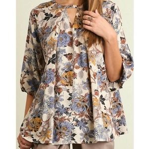 Umgee Floral Keyhole Short Sleeve Blouse Sz M